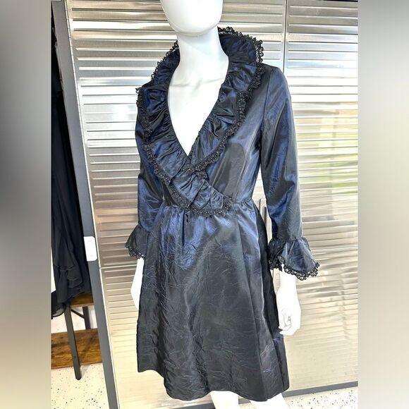 Anna Sui Vintage Taffeta Midnight Iridescent Blue Wrap Dress Small 4 - Picture 1 of 13